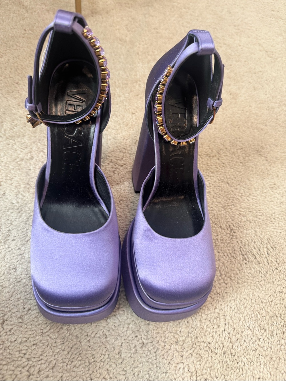Versace Lavender Platform Ankle-Strap Pumps with Gold Accents